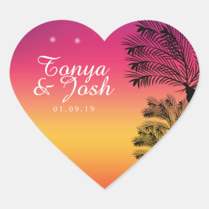 Sticker Cœur Coucher de soleil sur la plage d'un arbre tropical