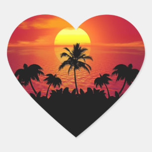 Sticker Cœur Coucher de soleil tropical Palmiers Silhouette Pla