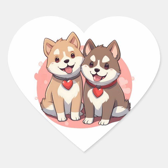 Sticker Cœur Couple de chien japonais avec les coeurs (Devant)
