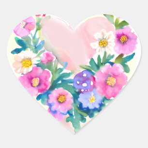 Sticker Cœur Couronne de coeur florale   Pastel Aquarelle rose