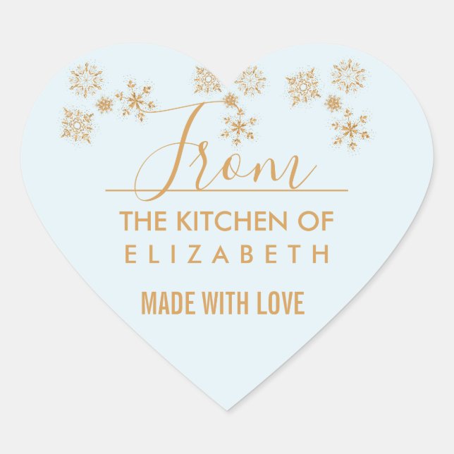 Sticker Cœur Cristaux de flocon d'or sur bleu glacé - Noël (Devant)