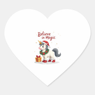 Sticker Cœur Croire en la Fête Magique Licorne portant un Noël