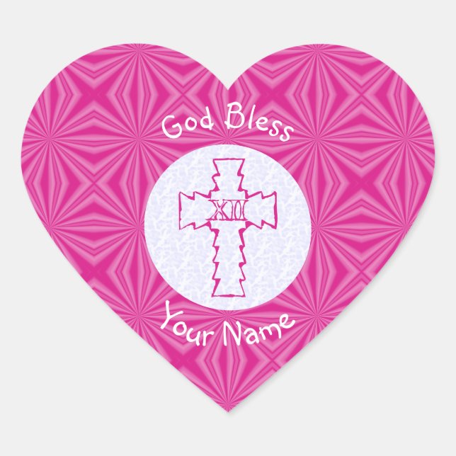 Sticker Cœur Croix chrétienne Zig Zag rose sur Nom rose Blanc (Devant)