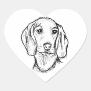 Sticker Cœur croquis de teckel dessiné à la main en noir et bla