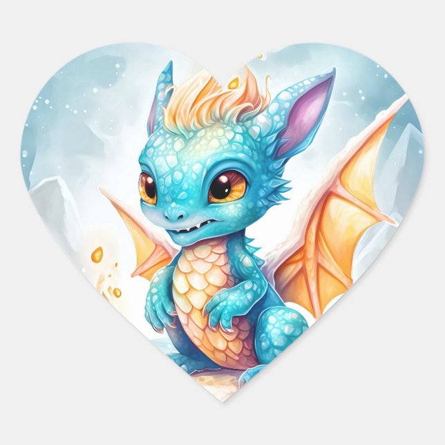 Sticker Cœur Crystalized Cute Baby Dragon Bleu Bleu Bébé (Devant)
