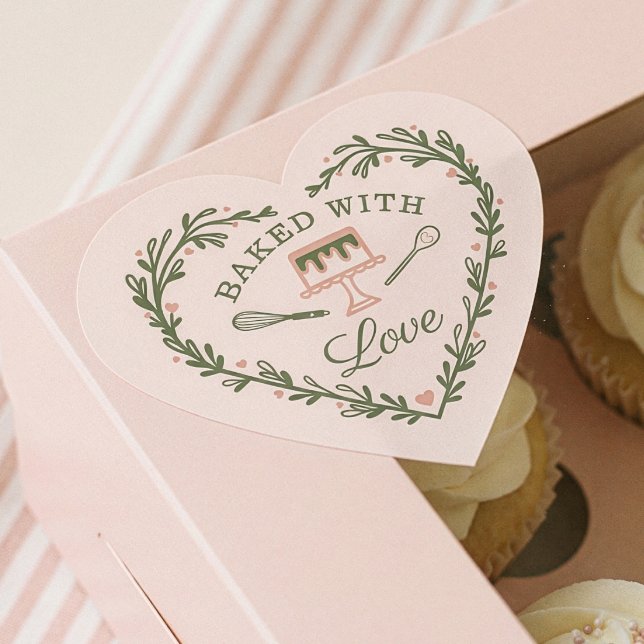 Sticker Cœur Cuit Avec Amour Gâteau Boulangerie d'affaires Whis (Baked With Love Cake Business Bakery Whisk & Cake Heart Sticker)
