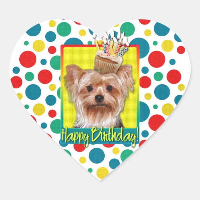 Sticker Cœur Cupcake d'anniversaire - Yorkshire Terrier (Devant)