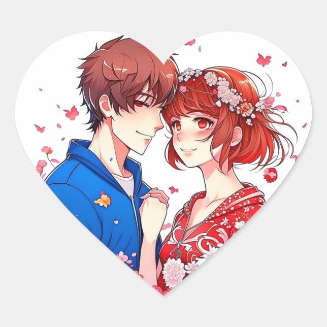 Sticker Cœur Cute Anime Boy and Girl Cuddling (Devant)