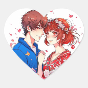 Sticker Cœur Cute Anime Boy and Girl Cuddling