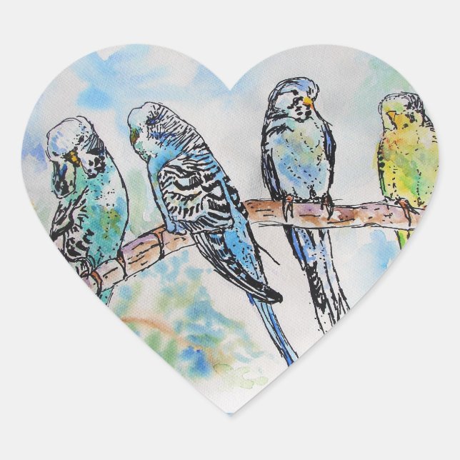 Sticker Cœur Cute Budgie budgies oiseau Aquarelle Art (Devant)