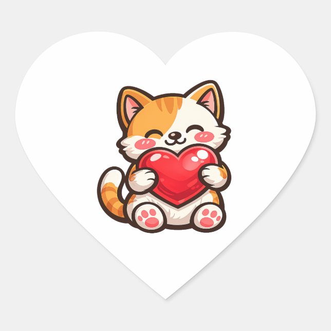 Sticker Cœur Cute Cat Heart – Kawaii Cat Hugging Red Heart, Cut (Devant)