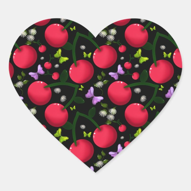 Sticker Cœur Cute Cherry Butterfly Pattern, Glossy Kawaii Fruit (Devant)