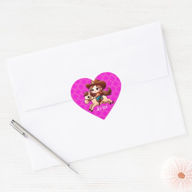 Sticker Cœur Cute Cowgirl et Cheval Western Rose (Enveloppe)