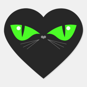 Sticker Cœur Cute drôle Chat noir visage vert yeux Whiskers