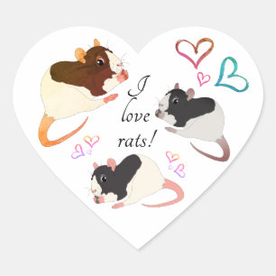 Sticker Cœur Cute Fancy Rats & Rainbow Hearts - I Love Rats!