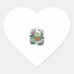 Sticker Cœur Cute Frog Riding Turtle Pond Vintage Vector Art_1