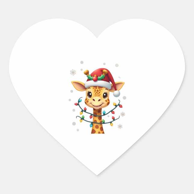 Sticker Cœur Cute Giraffe Christmas Lights Santa Hat Xmas Pajam (Devant)