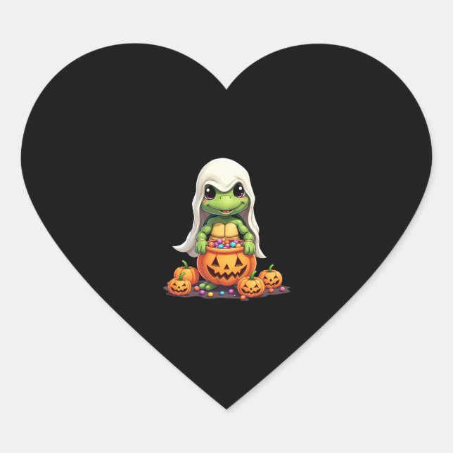 Sticker Cœur Cute Halloween Turtle Ghost avec bonbon (1) (Devant)