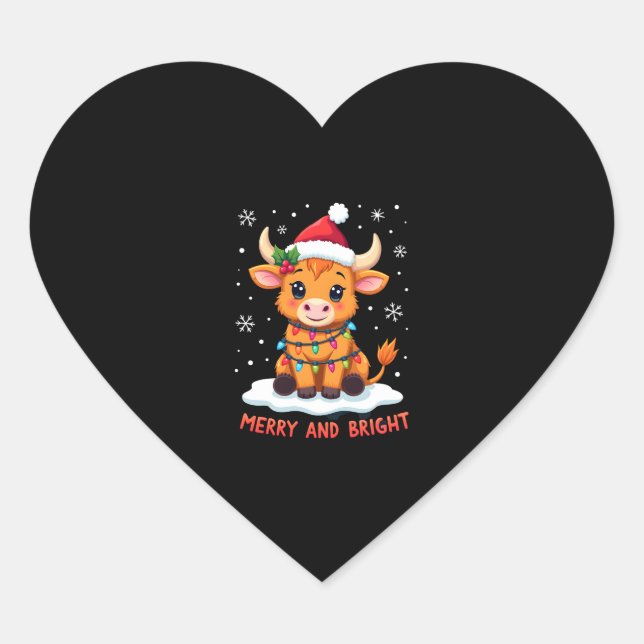 Sticker Cœur Cute Highland Baby Cow Christmas Lights Merry & Br (Devant)