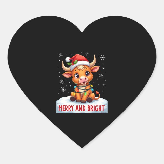 Sticker Cœur Cute Highland Baby Cow Christmas Lights Merry & Br (Devant)