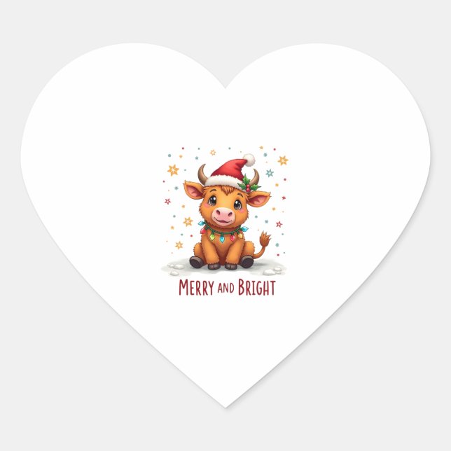 Sticker Cœur Cute Highland Baby Cow Christmas Lights Merry & Br (Devant)