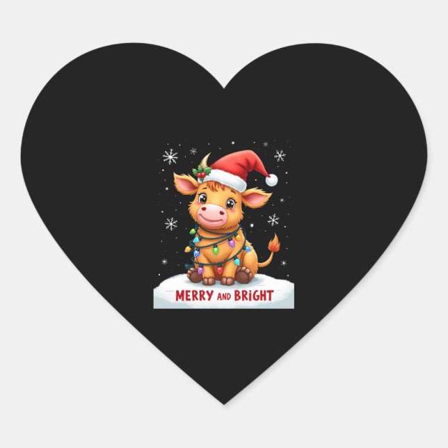 Sticker Cœur Cute Highland Baby Cow Christmas Lights Merry & Br (Devant)