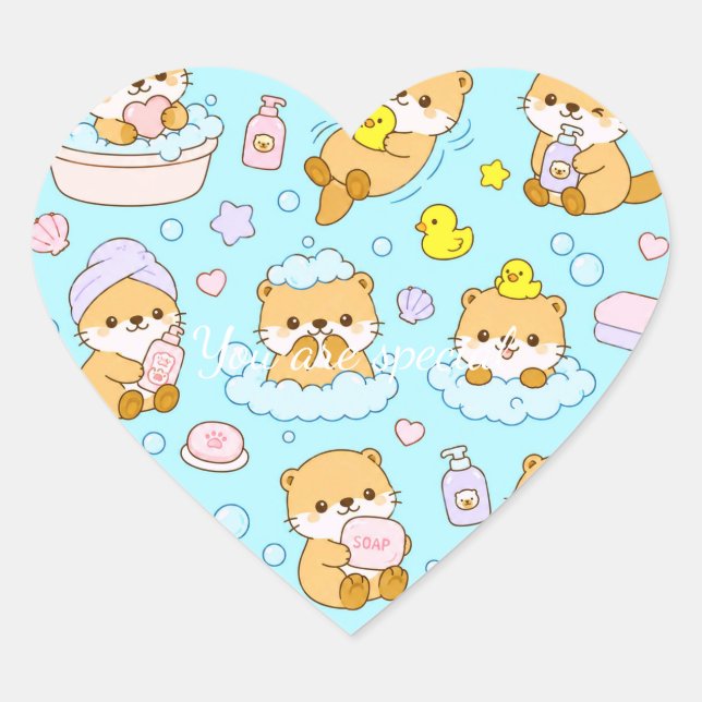 Sticker Cœur Cute Kawaii Animal Bath Time Pattern | Blue Pastel (Devant)