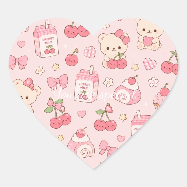 Sticker Cœur Cute Kawaii Bear Cherry Pattern | Pink Pastel  (Devant)