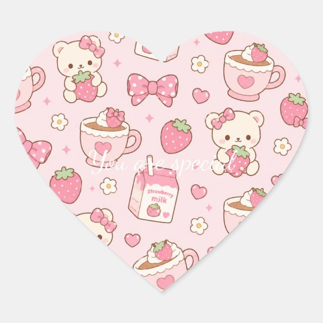 Sticker Cœur Cute Kawaii Bear Strawberry Tea Pattern | Pink  (Devant)