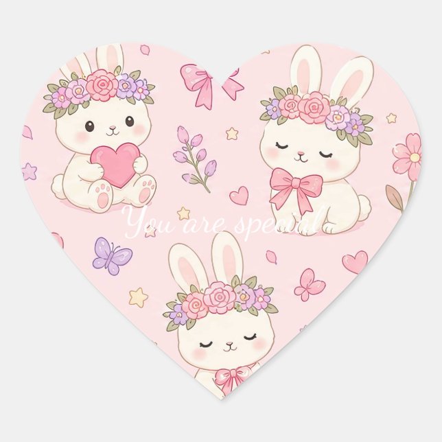 Sticker Cœur Cute Kawaii Bunny Flower Crown Pattern (Devant)