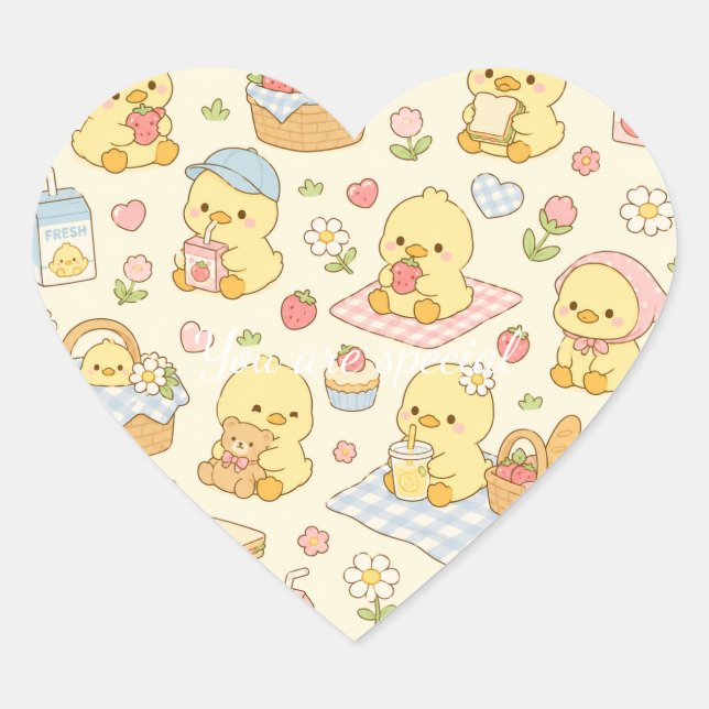Sticker Cœur Cute Kawaii Chick Picnic Pattern | Pastel Spring  (Devant)