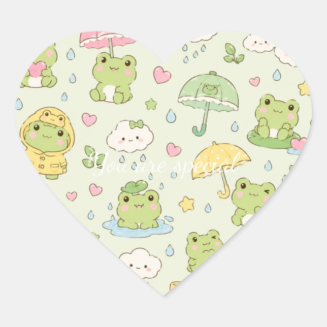 Sticker Cœur Cute Kawaii Frog Pattern | Green Pastel (Devant)