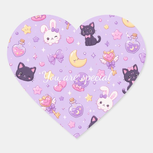 Sticker Cœur Cute Kawaii Magic Cats Pattern | Pastel Witchy  (Devant)