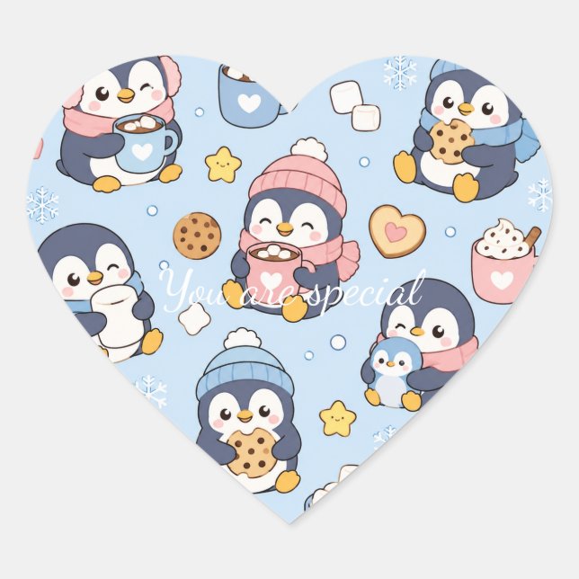 Sticker Cœur Cute Kawaii Penguin Winter Pattern | Cozy Hot Coco (Devant)