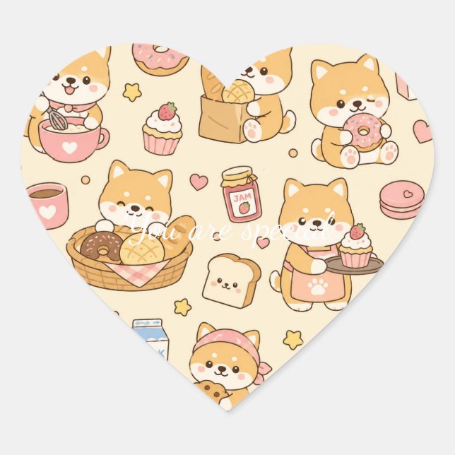 Sticker Cœur Cute Kawaii Shiba Bakery Pattern | Cozy Breakfast  (Devant)