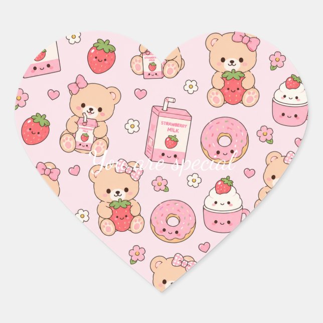 Sticker Cœur Cute Kawaii Strawberry Teddy Bear Pattern | Pink  (Devant)
