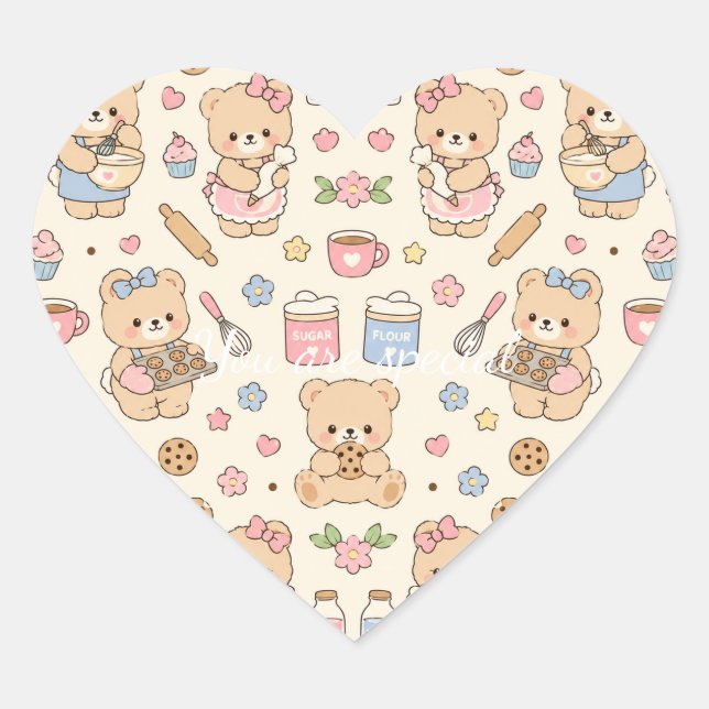 Sticker Cœur Cute Kawaii Teddy Bear Baking Pattern | Cozy Kitch (Devant)