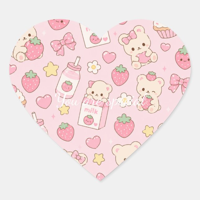 Sticker Cœur Cute Kawaii Teddy Bear Strawberry Pattern | Pink  (Devant)