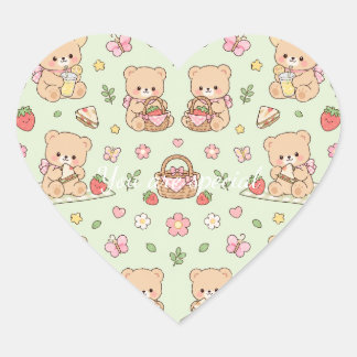 Sticker Cœur Cute Kawaii Teddy Bear Strawberry Picnic Pattern