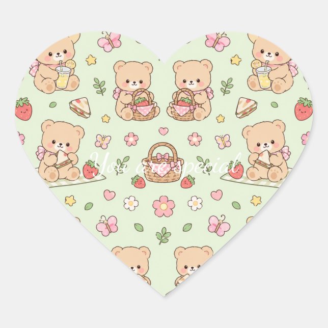 Sticker Cœur Cute Kawaii Teddy Bear Strawberry Picnic Pattern  (Devant)