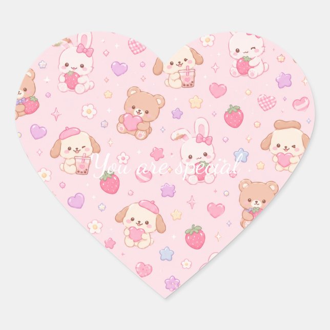 Sticker Cœur Cute Kawaii Teddy Bears & Strawberries Pattern  (Devant)
