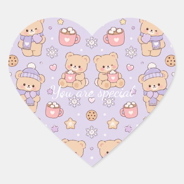 Sticker Cœur Cute Kawaii Winter Teddy Bear Pattern | Purple  (Devant)