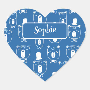 Sticker Cœur Cute Kids Gentleman Bear en bleu Casquette