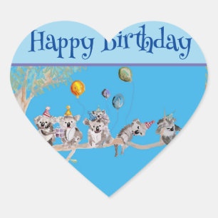 Sticker Cœur Cute Koala Koalas Blue Childs Joyeux anniversaire