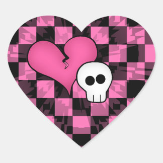 Sticker Cœur Cute punk rose chaud et noir crâne brisé au coeur