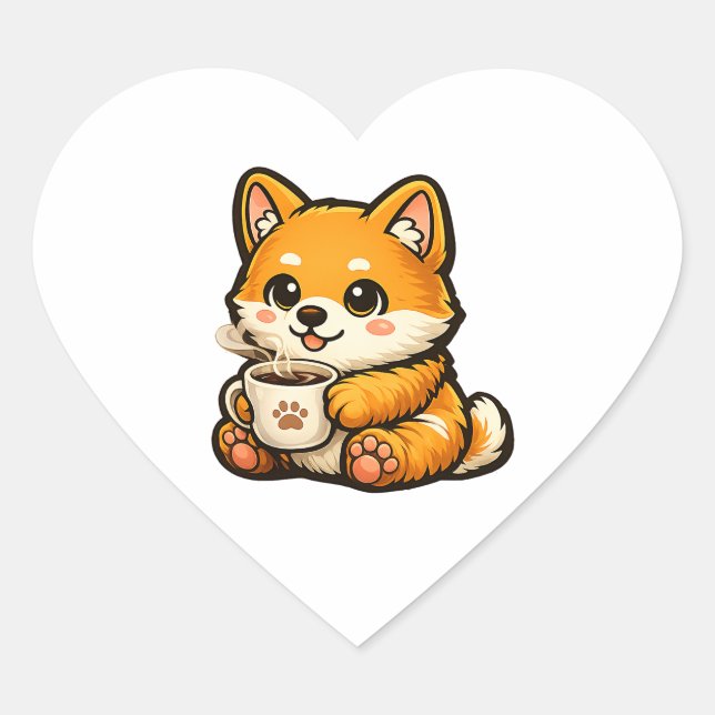 Sticker Cœur Cute Shiba Inu with Coffee – Cozy Dog Illustration (Devant)