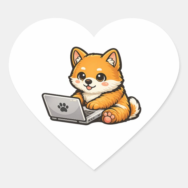 Sticker Cœur Cute Shiba Inu with Laptop – Cozy Dog Illustration (Devant)