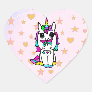 Sticker Cœur Cute Unicorne avec des étoiles et des coeurs papil