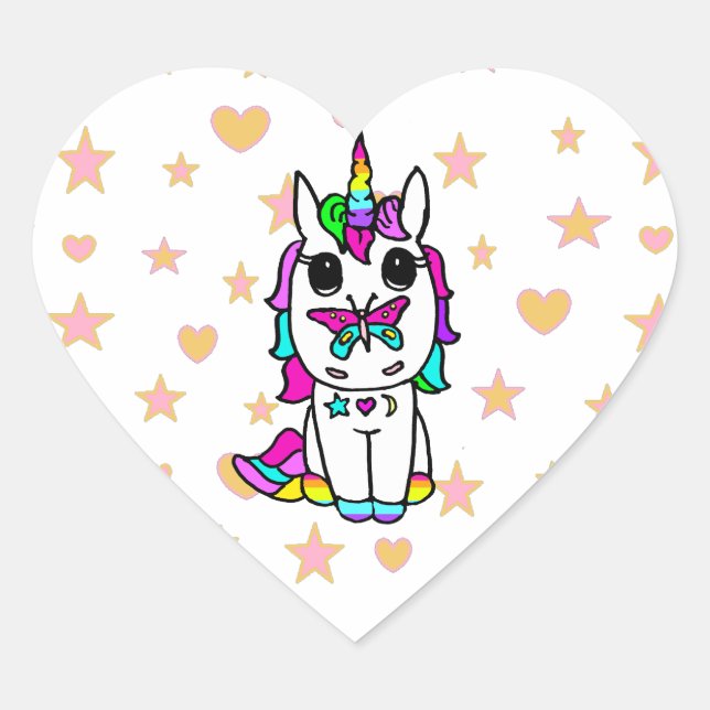 Sticker Cœur Cute Unicorne avec des étoiles et des coeurs papil (Devant)