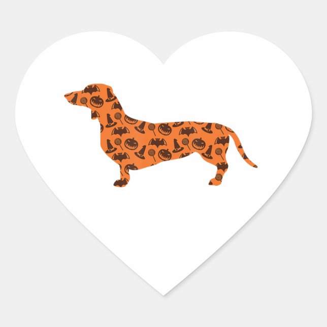Sticker Cœur Dachshund Citrouille Witch Bat Drôle Halloween Éff (Devant)